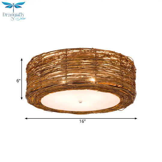 Modern 3 - Light Rattan Flush Mount Ceiling Lamp - Hand - Woven Round Shade In Brown 16’/19.5’