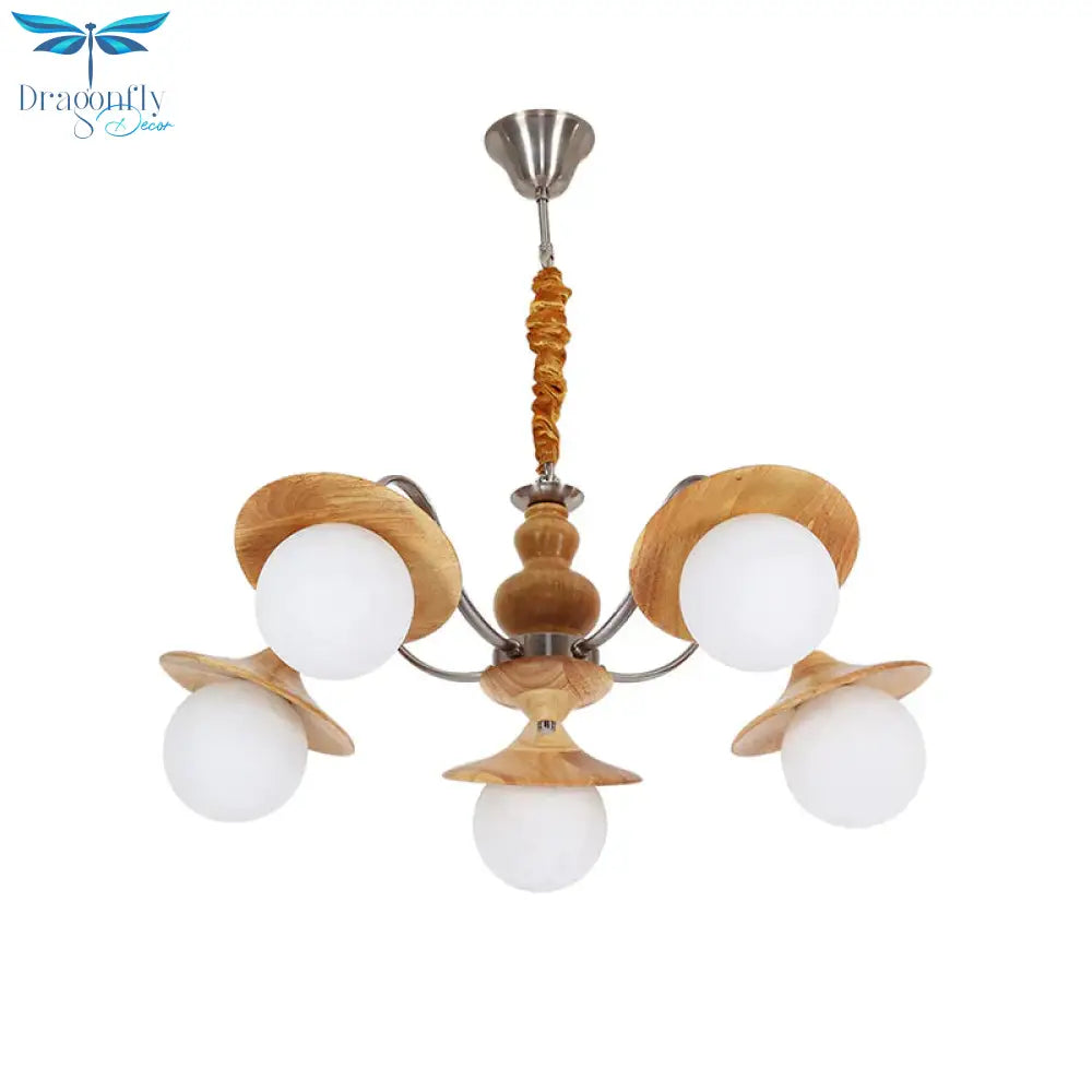Modern Ball White Glass Chandelier 5 Lights Ceiling Pendant Fixture With Wooden Cap