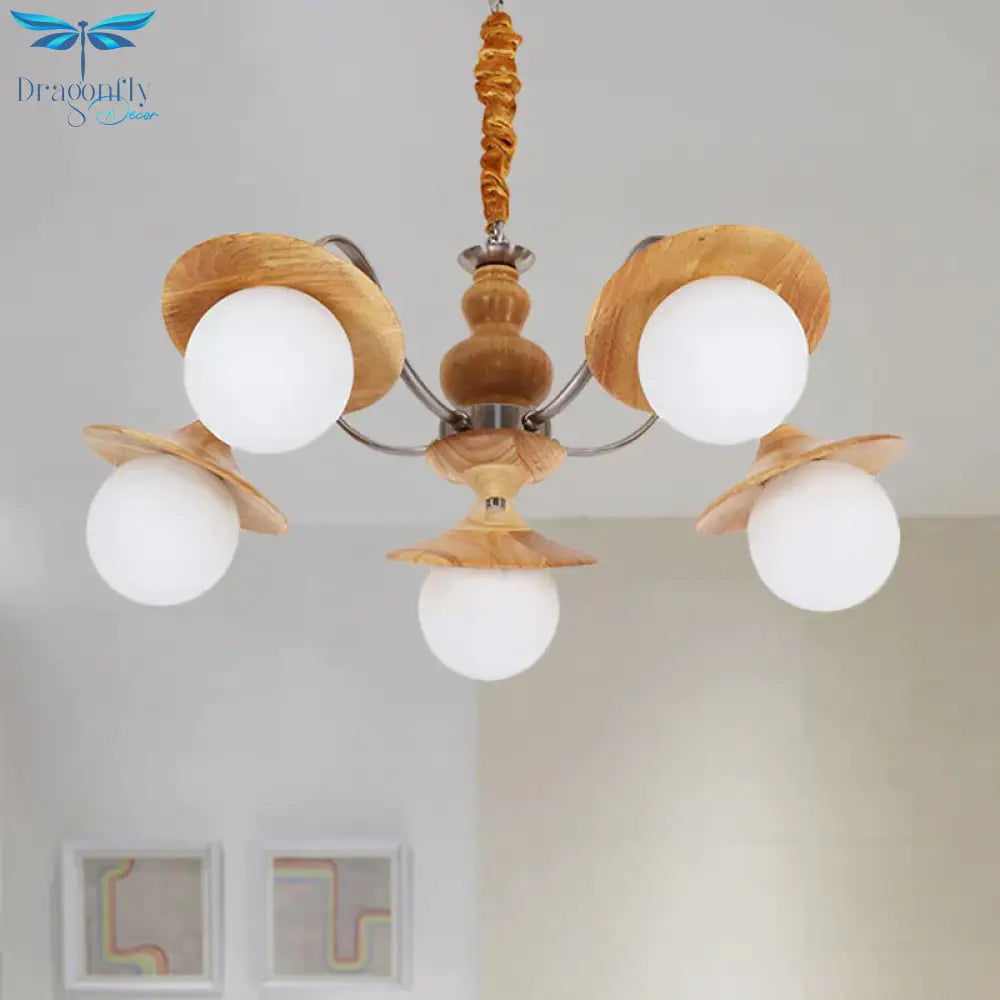 Modern Ball White Glass Chandelier 5 Lights Ceiling Pendant Fixture With Wooden Cap