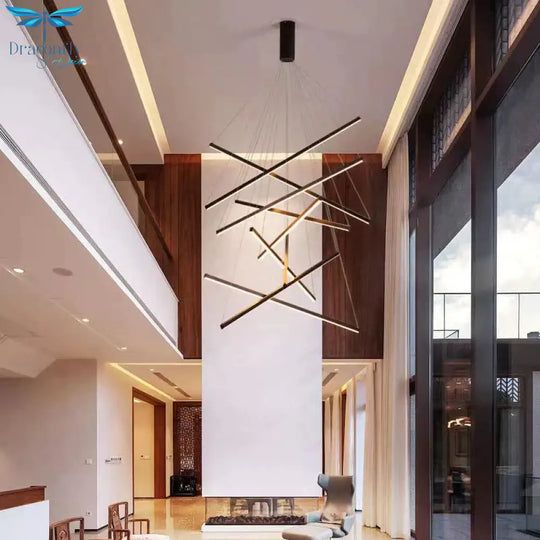 Modern Black Stair Chandelier Simple Modern Duplex Building High - Rise Empty Living Dining Room