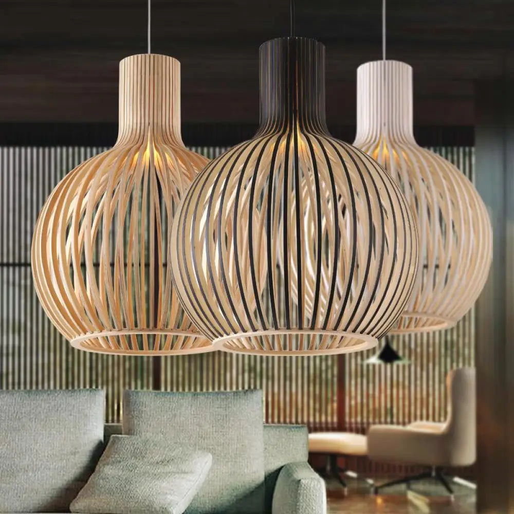 Modern Black Wood Birdcage E27 Bulb Pendant Light Nordic Home Deco Weaving Wooden Lamp Out Black
