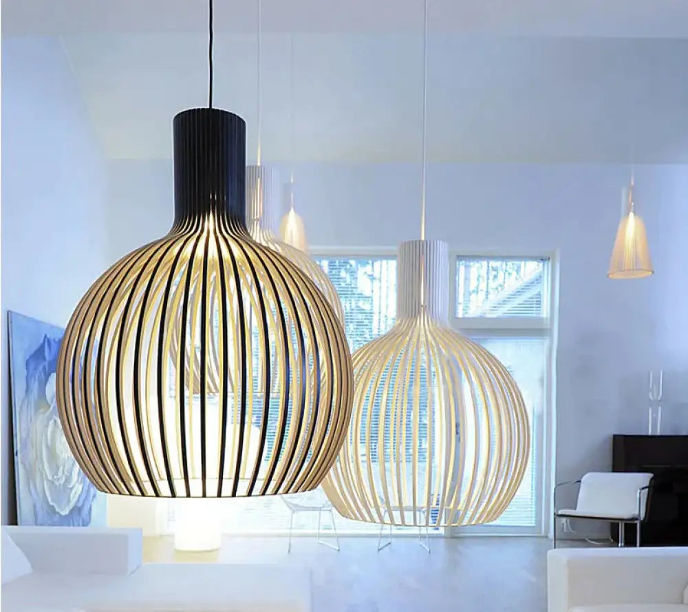 Modern Black Wood Birdcage E27 Bulb Pendant Lights Home Deco Lamp Black Outside Color / Size 45Cm
