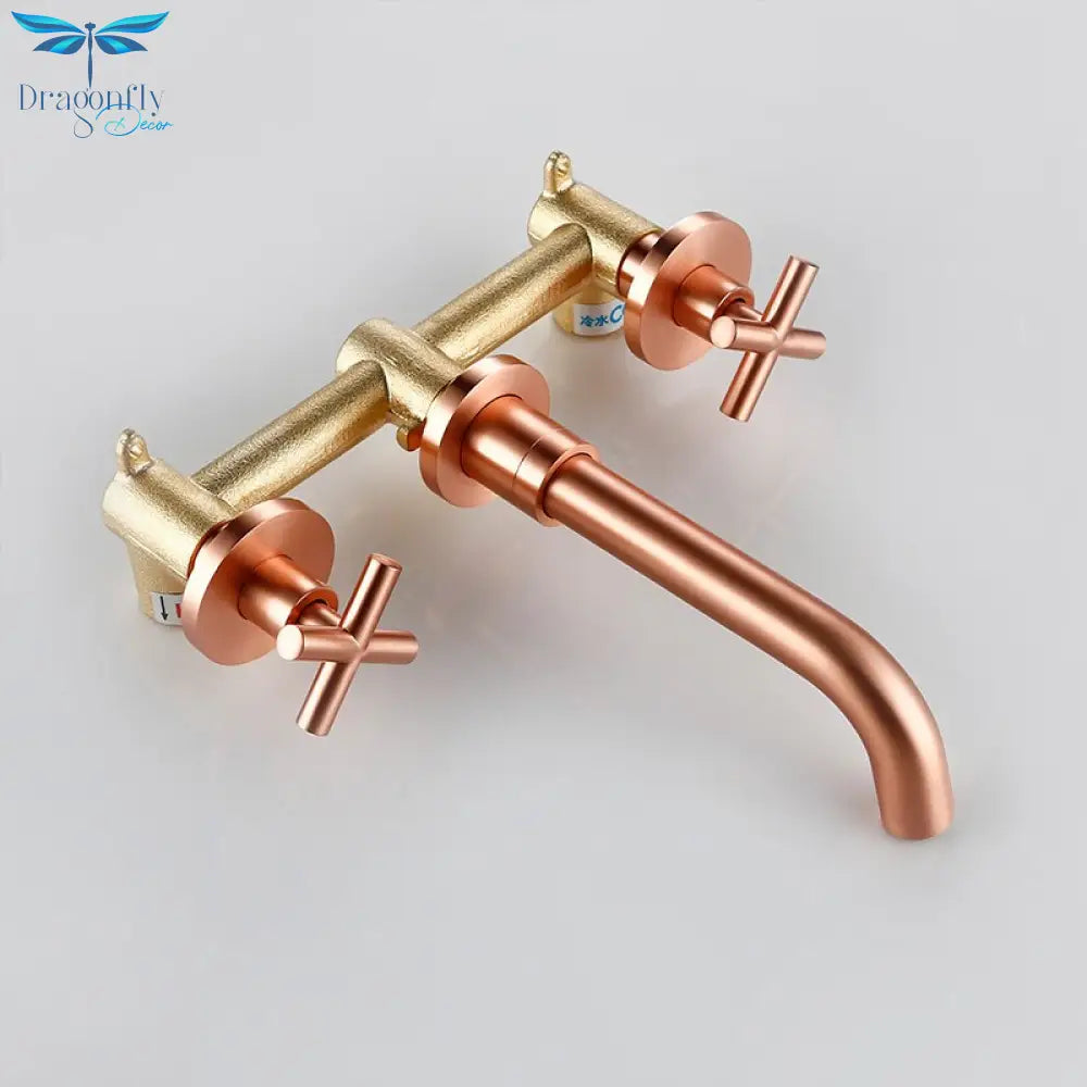Modern Brushed Rose Gold Brass Double Cross Handle Bath Wall Mounted 3 Hole Water Bathroom Home