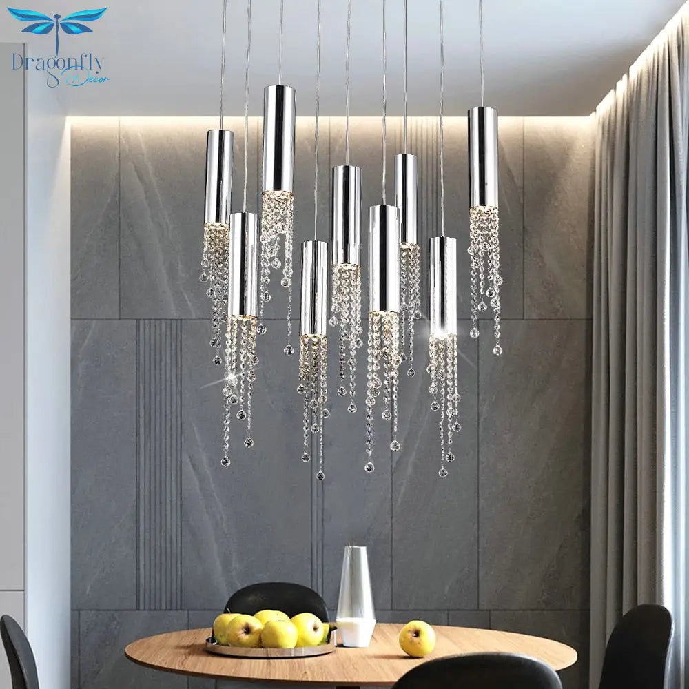 Modern Chrome Crystal Ceiling Chandelier For Dining Room Staircase Long Loft Large Hallway Lobby