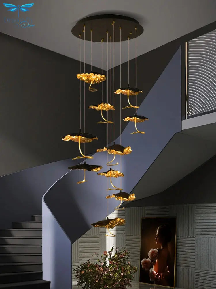Modern Copper Lotus Staircase Led Chandelier Luxury Large Leaf Villa Stair Lighting Fixtures