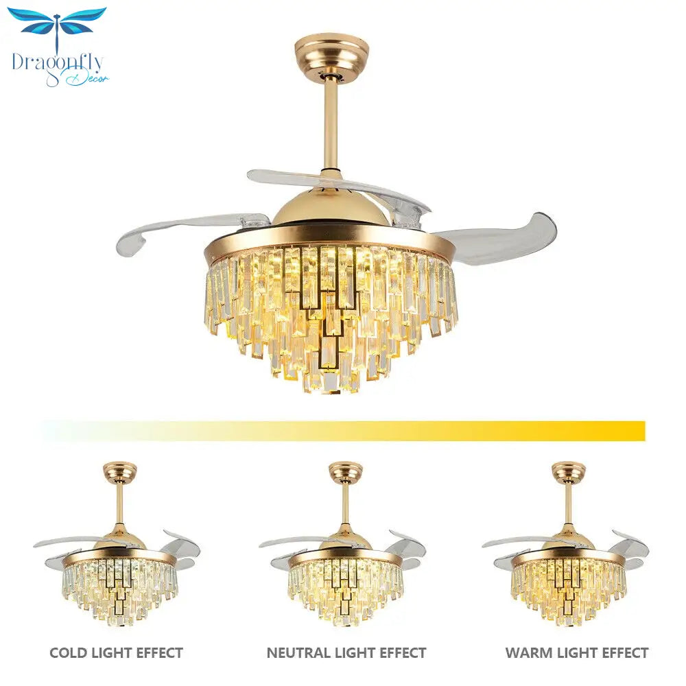 Modern Crystal Dimmable Led Ceiling Light - Chandelier Lamp With Fan Includes Remote Ideal For Home