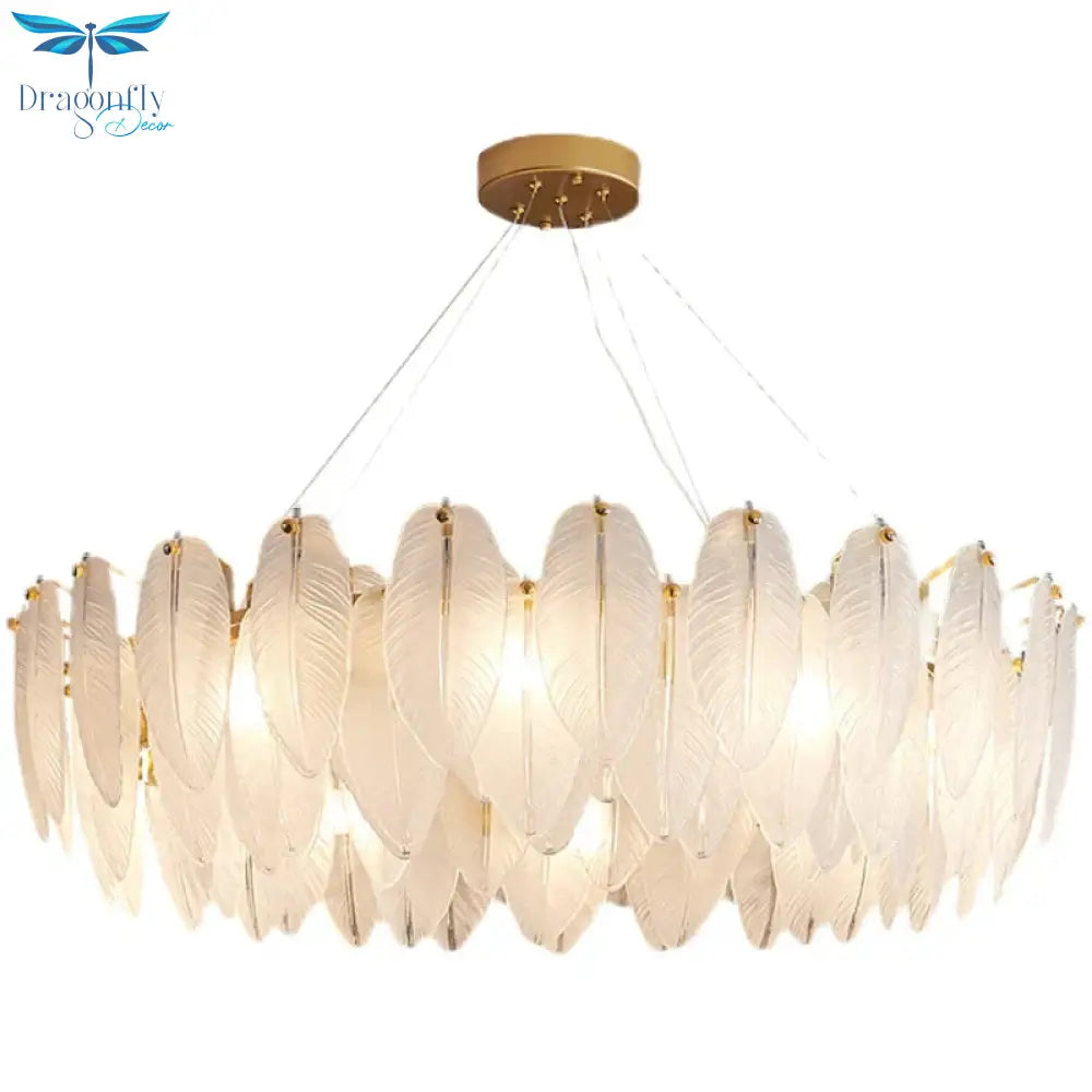Modern Crystal Feather Hanging Chandelier Light With Clear Glass Lamp Shade