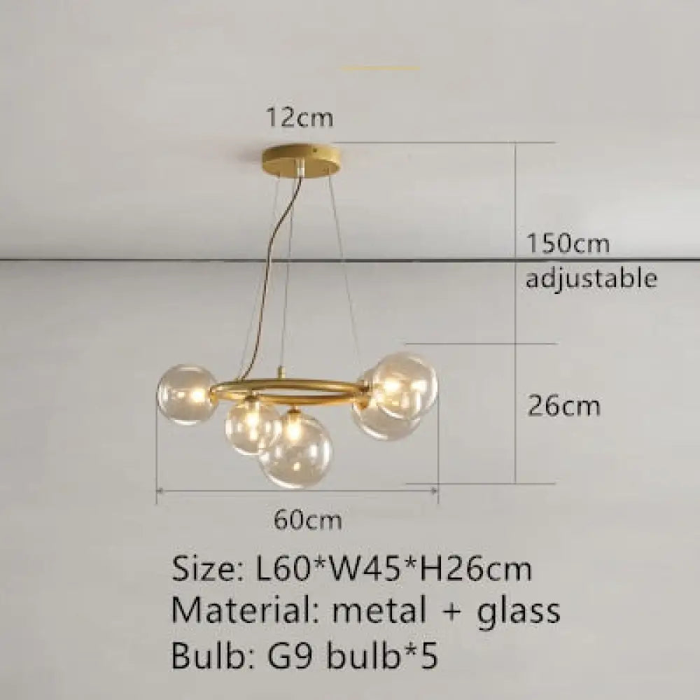 Modern Design Led Transparent Glass Ball Gray White Hanging Pendant Light 5 Balls / Gold Metal Warm