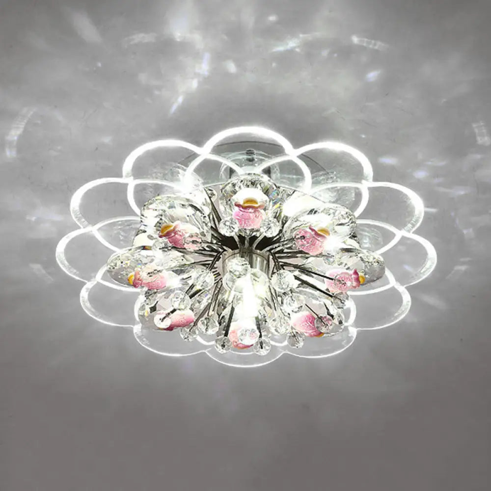 Modern Floral Led Flush Mount Ceiling Light With Beveled Crystal In Red For Porch Pink White And