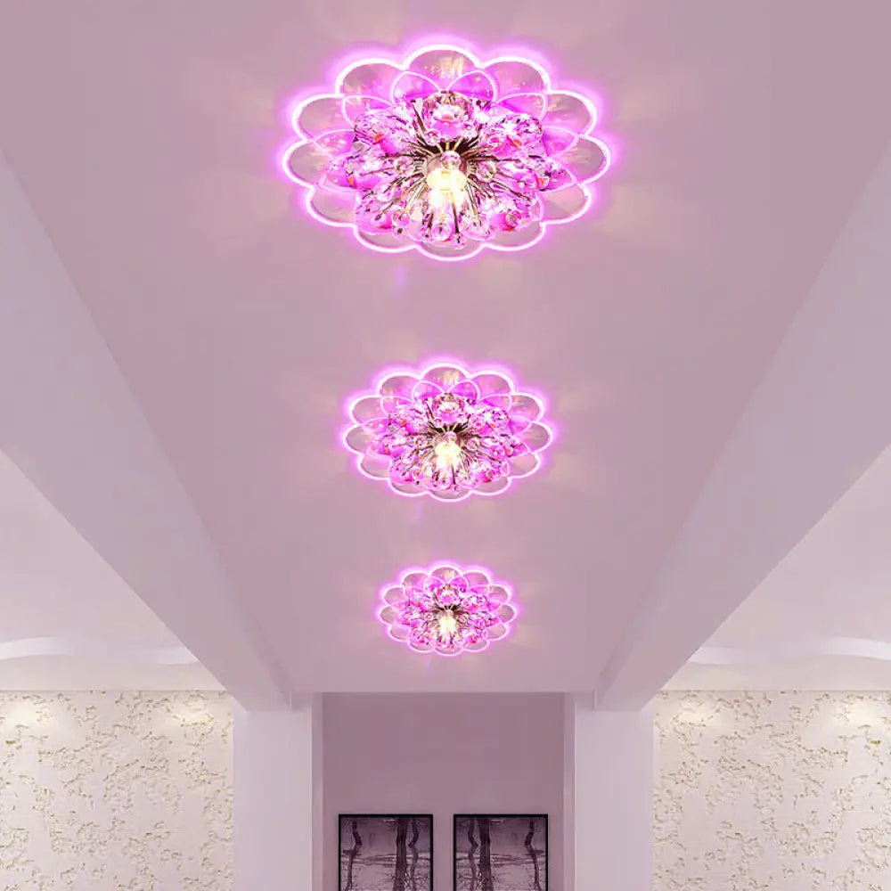 Modern Floral Led Flush Mount Ceiling Light With Beveled Crystal In Red For Porch Pink White And