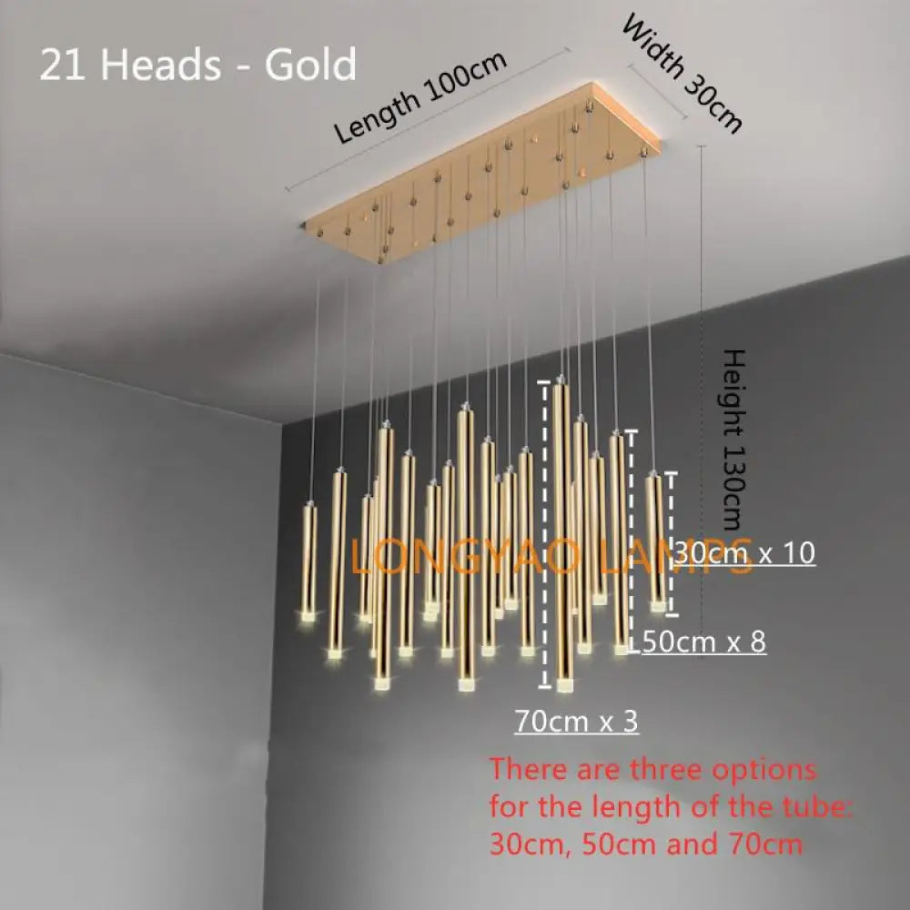 Modern Gold/Black Led Chandelier Ceiling Long Tube Combination Staircase Lighting Living Room