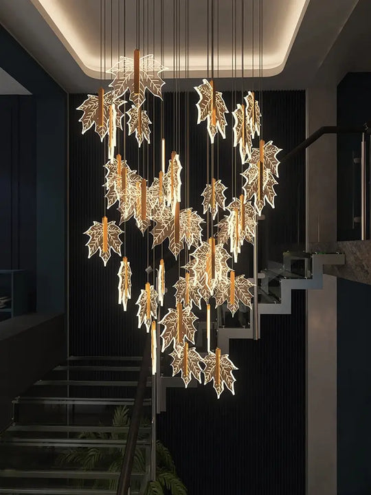Modern Golden Maple Leaf Staircase Led Chandelier Lighting Nordic Duplex Building Living Room