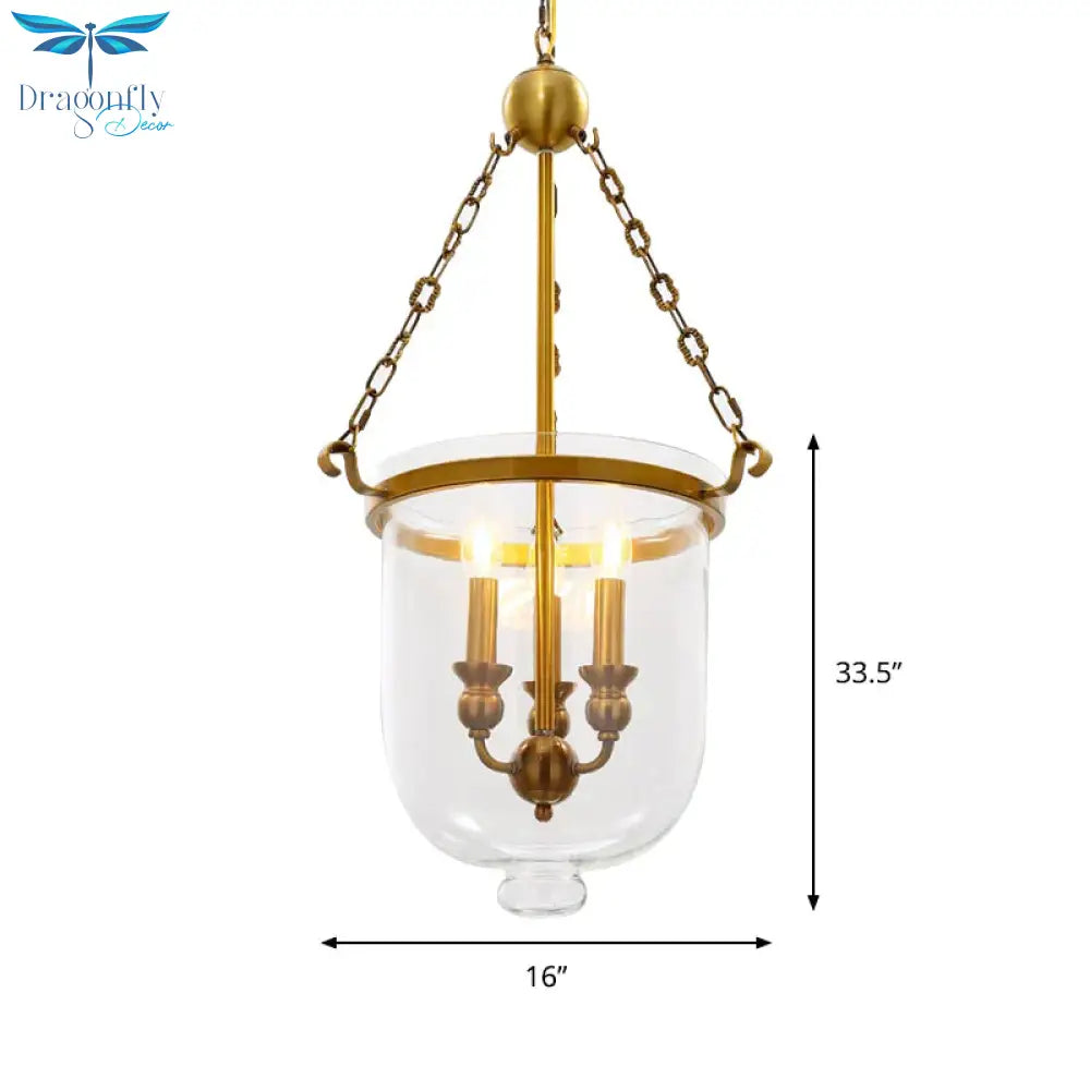 Modern Hanging 3 Bulbs Pendant Light Gold Down Lighting With Bell Clear Glass Shade