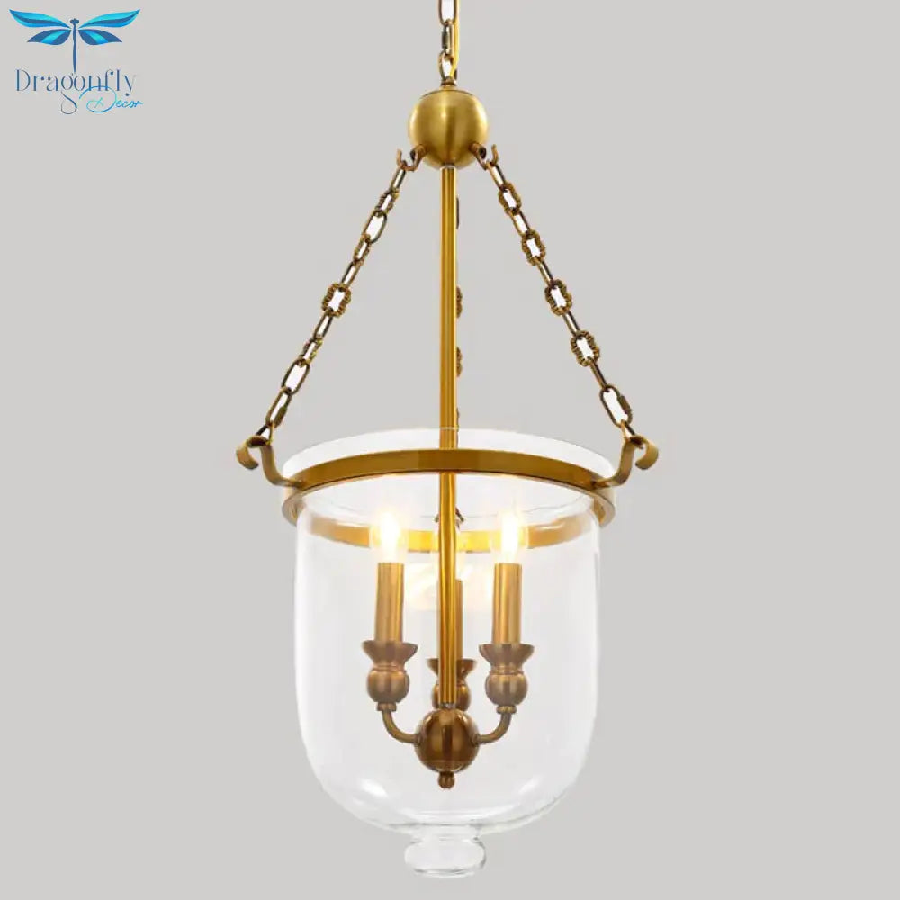 Modern Hanging 3 Bulbs Pendant Light Gold Down Lighting With Bell Clear Glass Shade