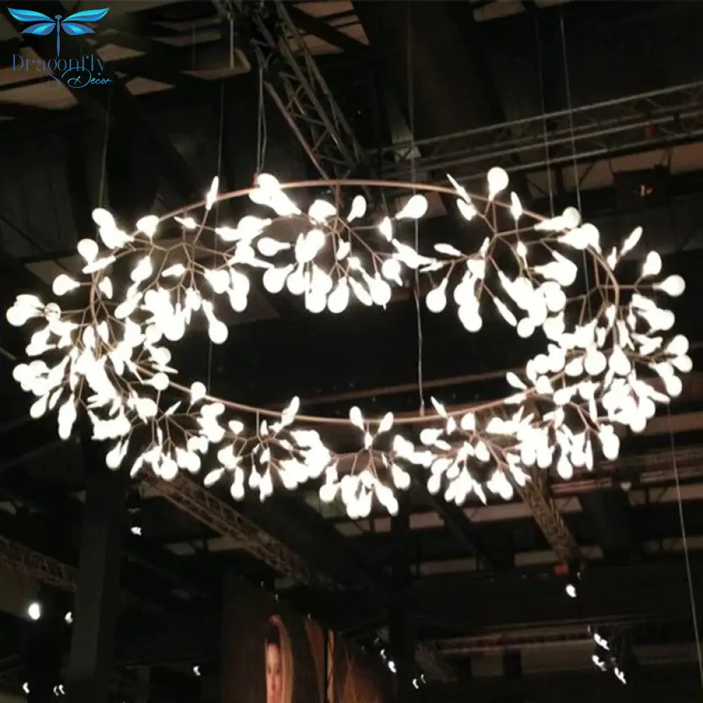 Modern Led Big Round Pendant Lamp With Firefly Tree Branch And Leaf Design Ideal For Restaurants