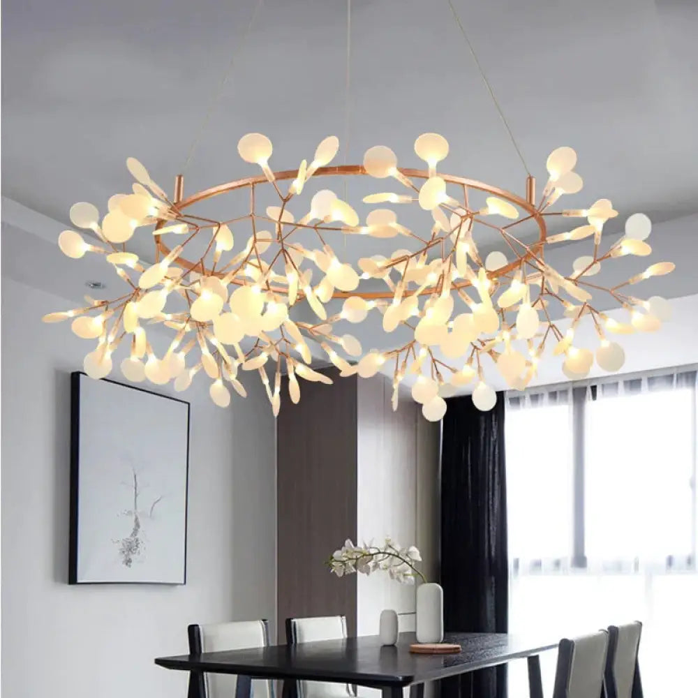 Modern Led Lamp Firefly Tree Branch Leaf Pendant Light Round Flower Suspension Lamps Champagne Gold