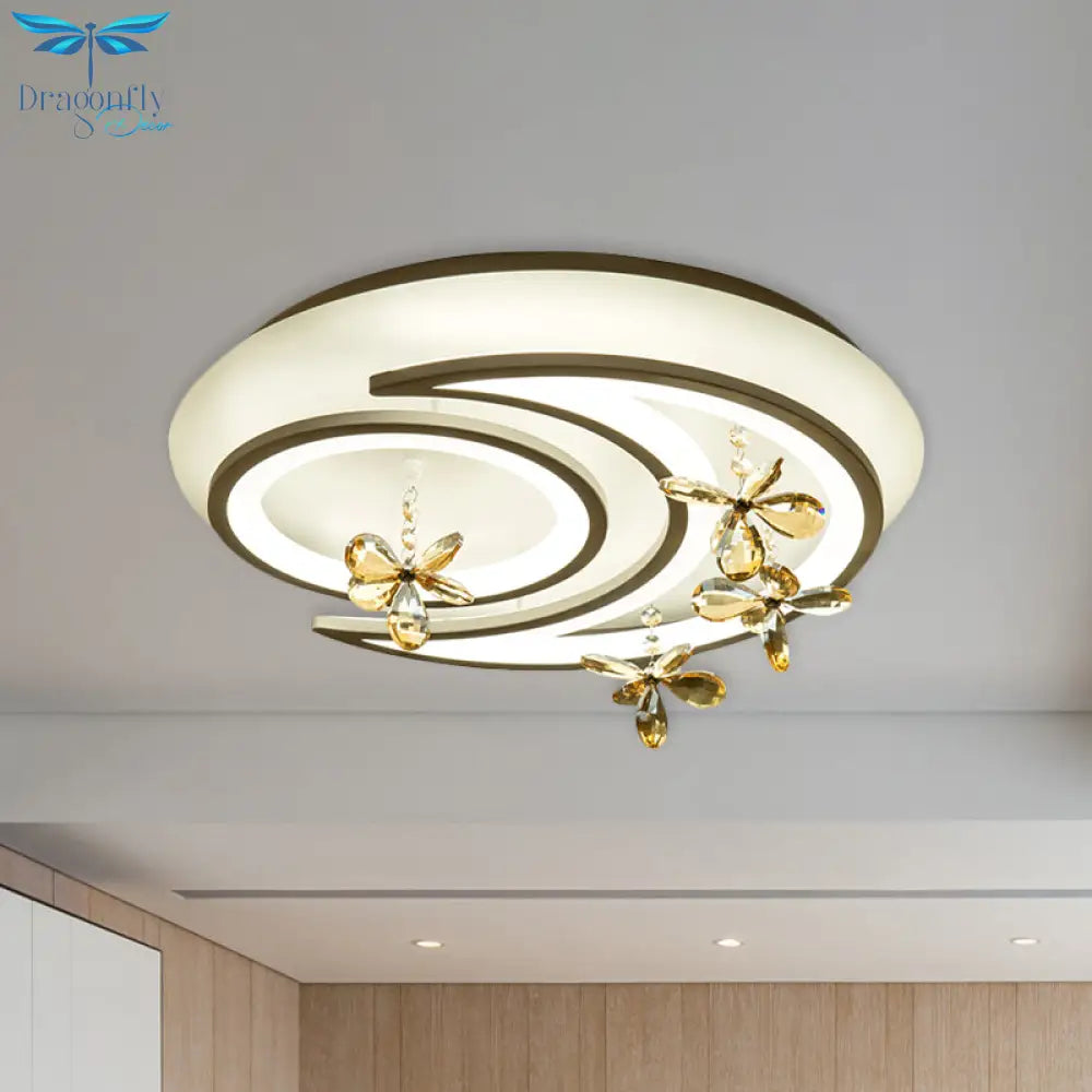 Modern Led Semi Flush Lamp With Moon And Ring Design Flower Crystal Deco For Chic Ceilings White