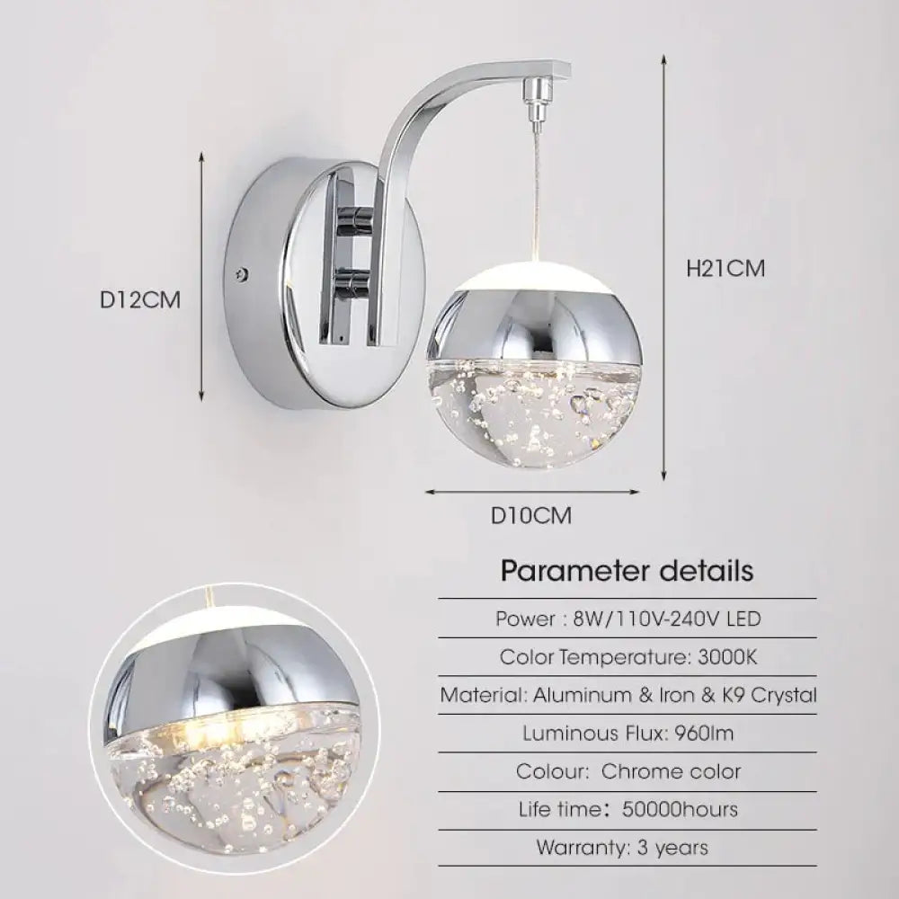 Modern Luxurious Crystal Led Wall Lamp Sconce For Bedroom Chrome Bubble / Russian Federation