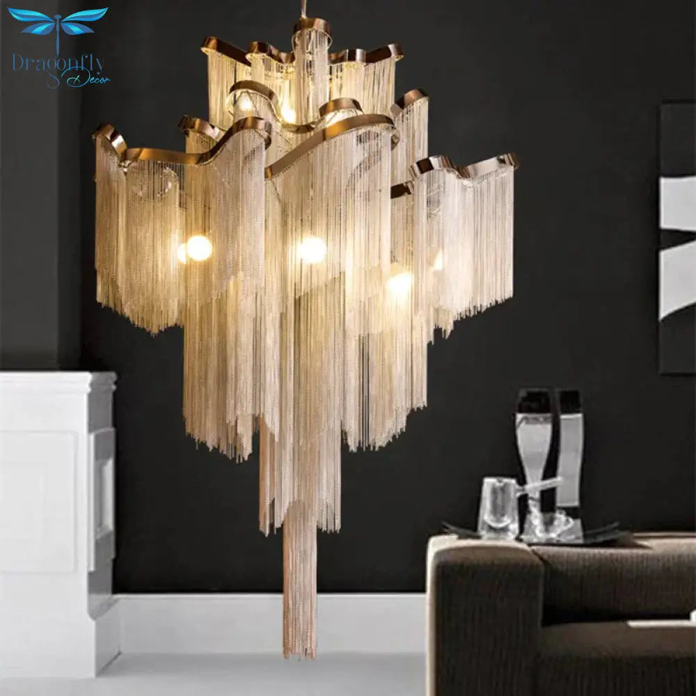 Modern Luxury Silver Gold Aluminium Chain Fringed Pendant Lamp Stair Hanging Light For Home Hotel
