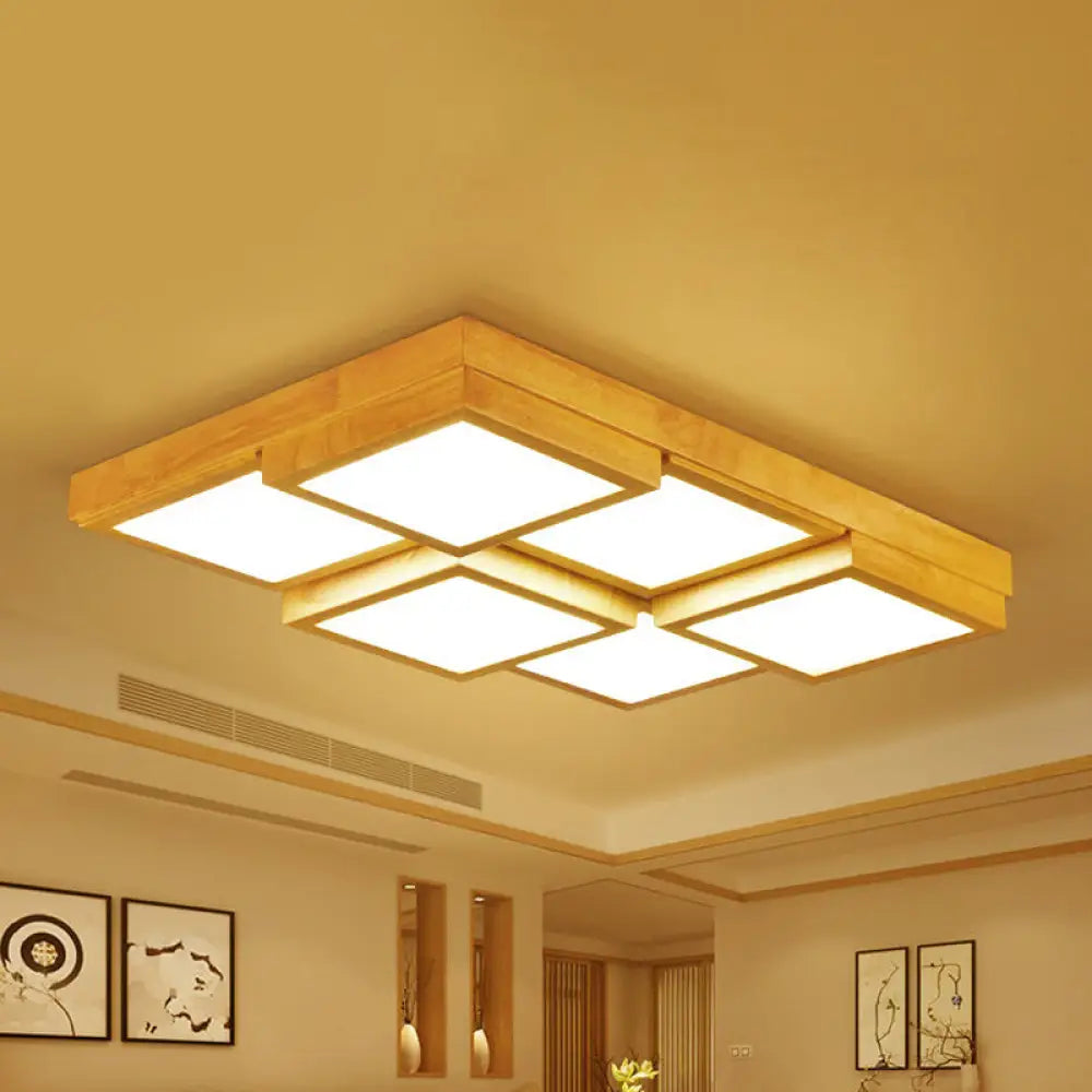 Modern Natural Wood Square Flush Mount Ceiling Light - 4/6/9 - Light Led Wooden Fixture In