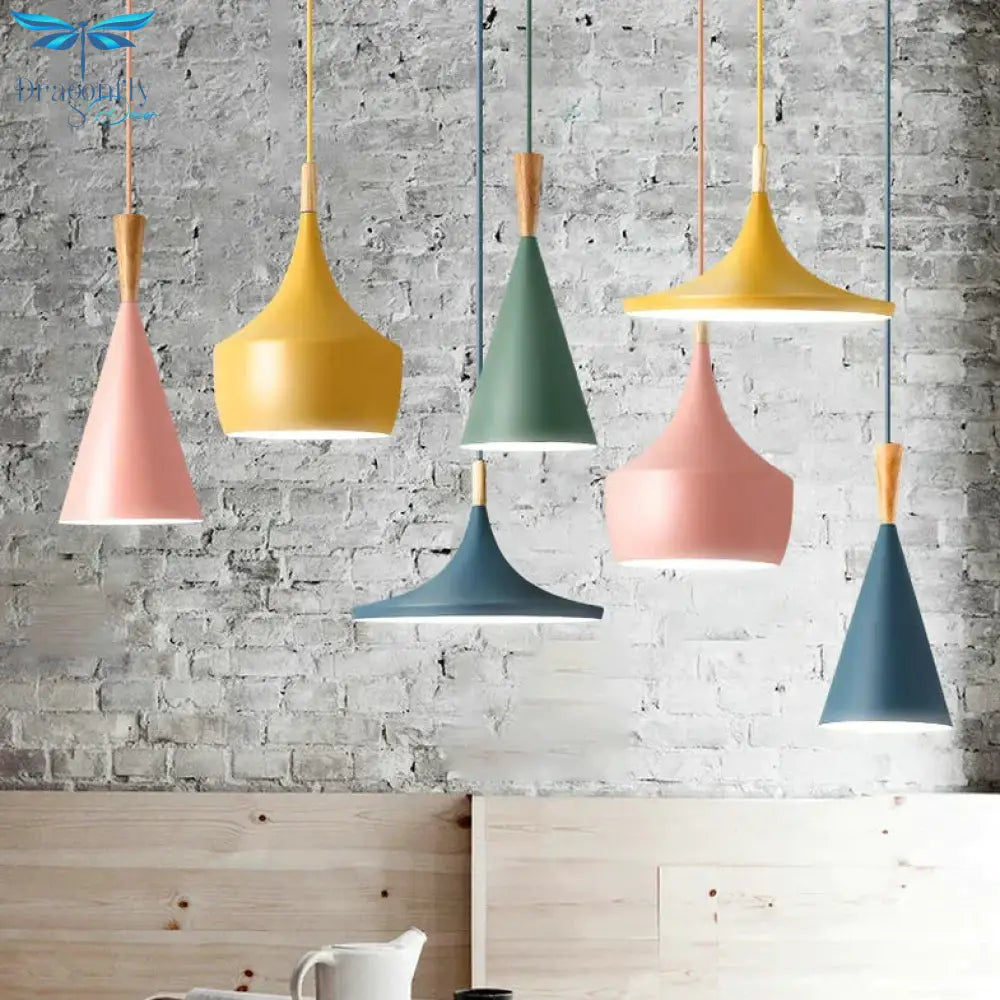 Modern Nordic Pendant Lights Iron Lampshade Wood Led Hanging Lamp