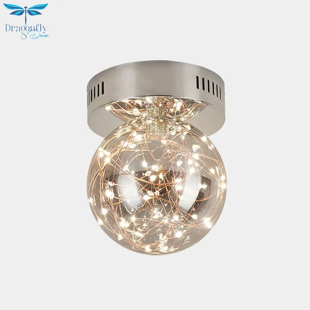 Modern Orb Smoke Grey Glass Led Flush Mount Ceiling Light With Inner Glowing String