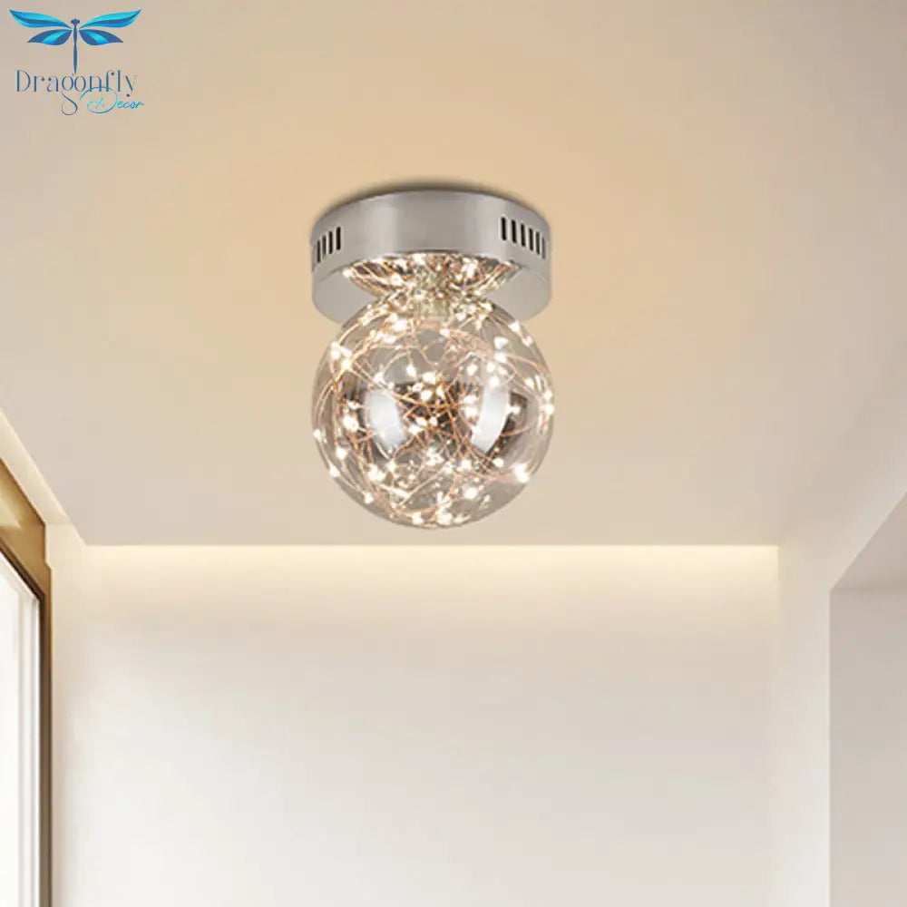 Modern Orb Smoke Grey Glass Led Flush Mount Ceiling Light With Inner Glowing String