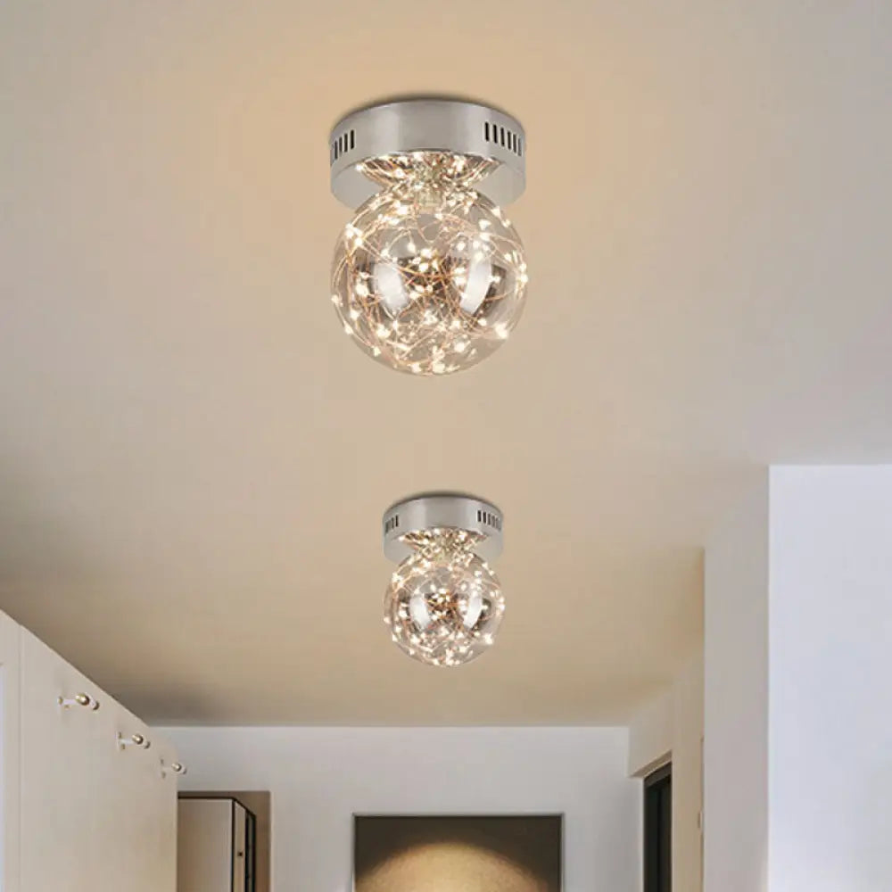 Modern Orb Smoke Grey Glass Led Flush Mount Ceiling Light With Inner Glowing String Chrome / 6’