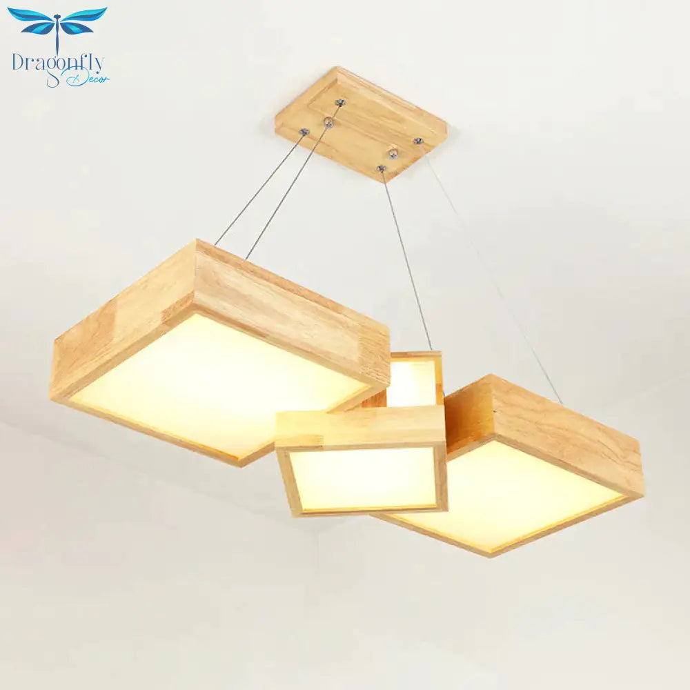 Modern Rhombus/Square Led Chandelier Pendant Wooden 3 - Light Bedroom Ceiling Lamp In Warm/White