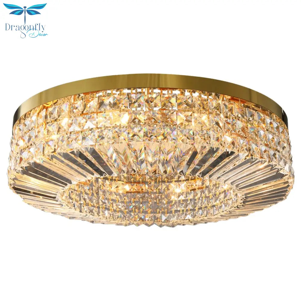 Modern Round Crystal Golden Ceiling Lamp - Stainless Steel Led E14 Luminaire For Dining Room
