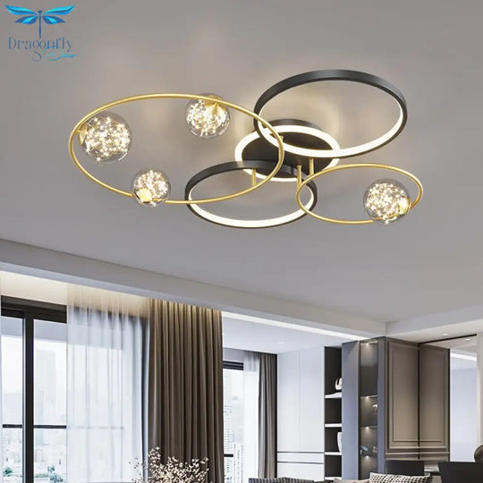 Modern Simple Black Gold Round Led Chandelier Minimalist Decor Living Room Lamp Lighting Ceiling