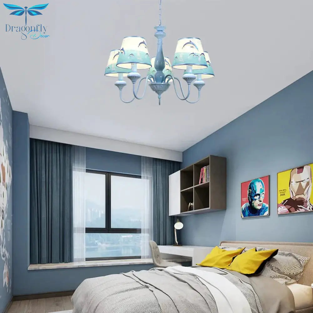 Modern Style Tapered Shade Chandelier With Dolphin 5 Lights Metal Hanging Light In Blue For Child