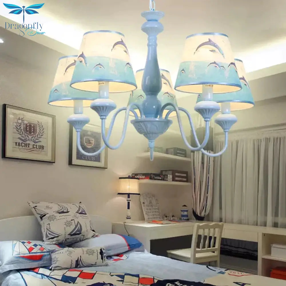 Modern Style Tapered Shade Chandelier With Dolphin 5 Lights Metal Hanging Light In Blue For Child