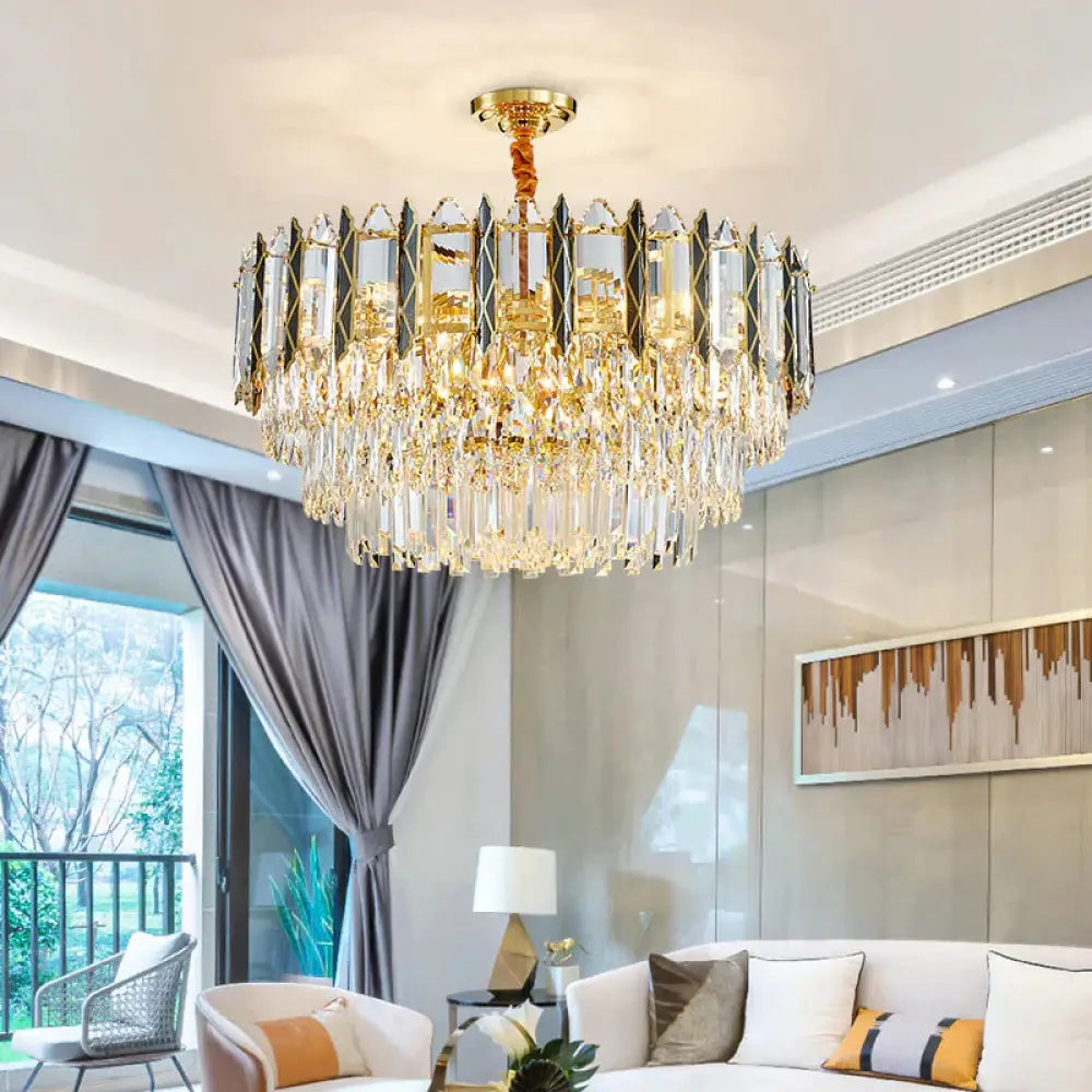 Modern Stylish Black - Gold Multi Tired 9 - Head Crystal Chandelier For Living Room