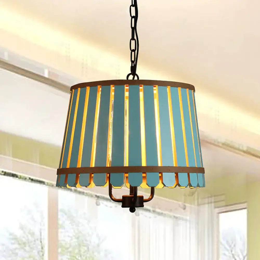 Modern Wooden Wide Slatted 3 Lights Chandelier Blue/Green/Wood Hanging Pendant For Dining Room Blue