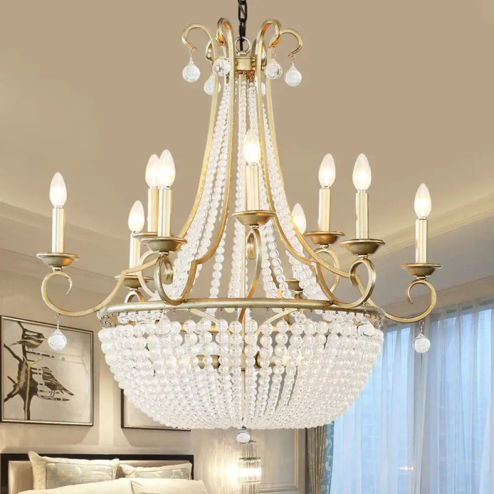 Modernism Candle Ceiling Chandelier Crystal 9 Heads Hanging Light Fixture In Brass For Bedroom