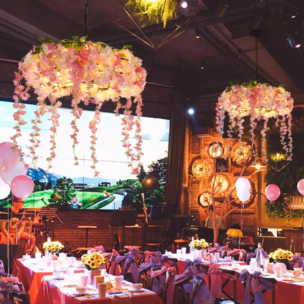 Monica - Pink 5 Lights Chandelier Lighting Vintage Metal Floral Hanging Pendant Light For Restaurant