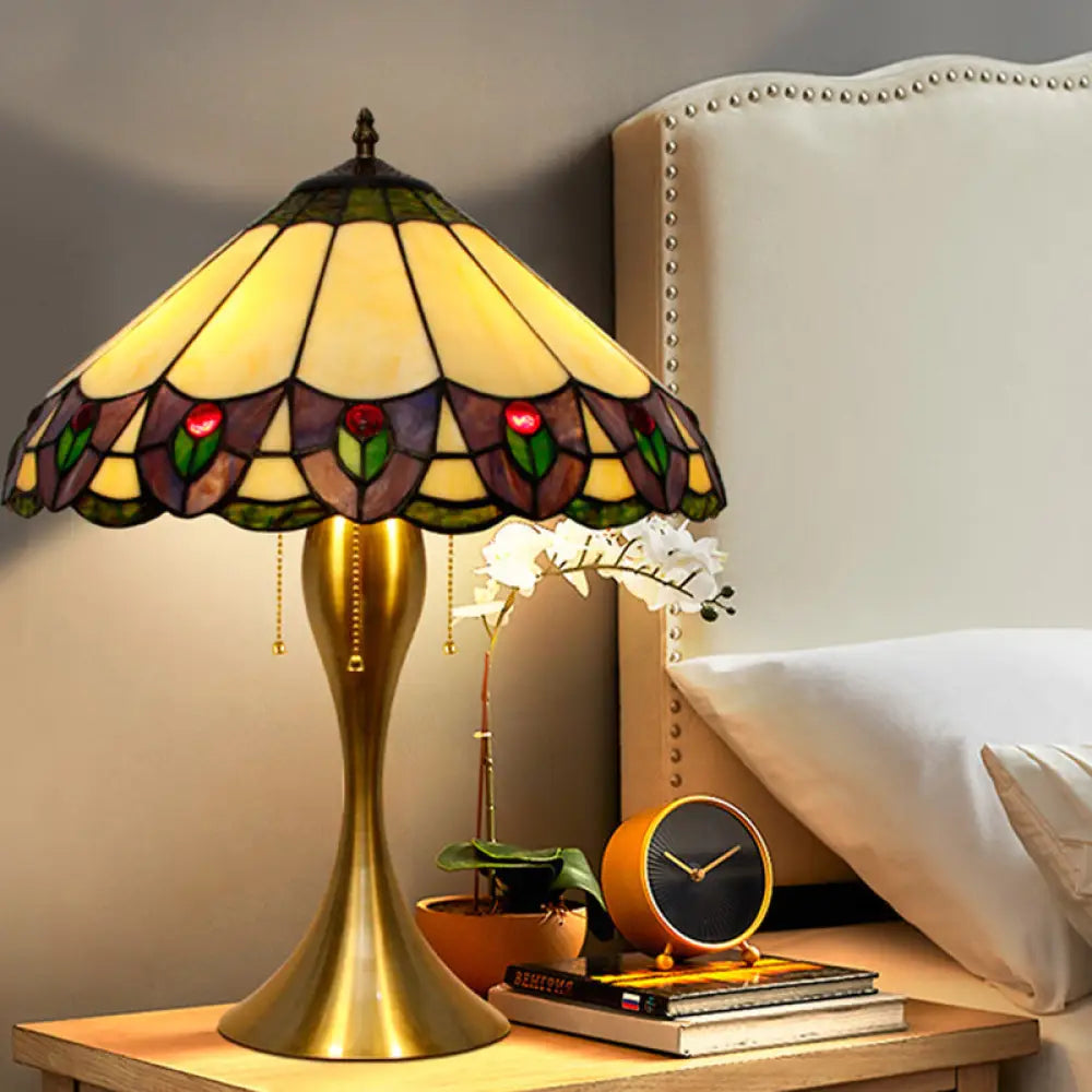 Mothallah - Gold Conic Nightstand Light 3 - Head Stained Glass Tiffany Peacock Tail Patterned Table