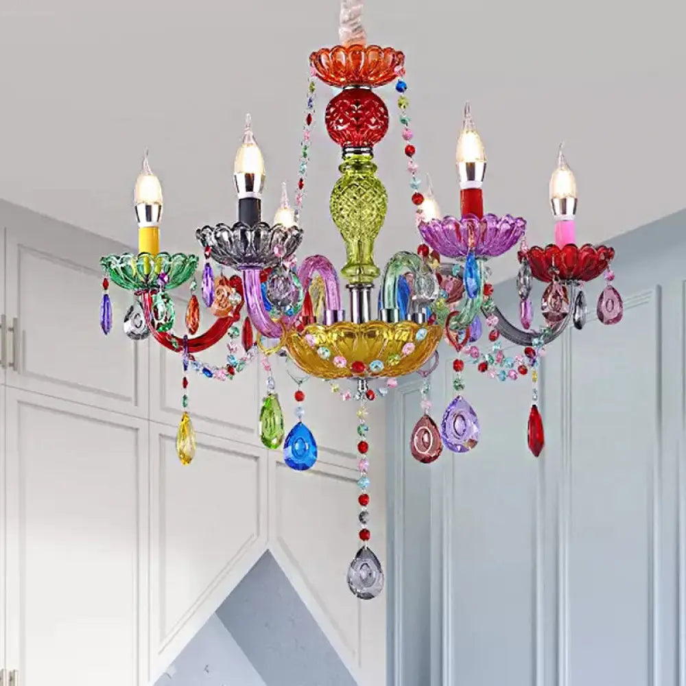 Multi - Colored Glass Chandelier With Teardrop Crystals For Kids Room 6 / Green Pendant Lighting
