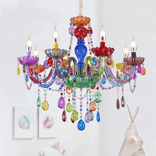 Multi - Colored Glass Chandelier With Teardrop Crystals For Kids Room 8 / Green Pendant Lighting