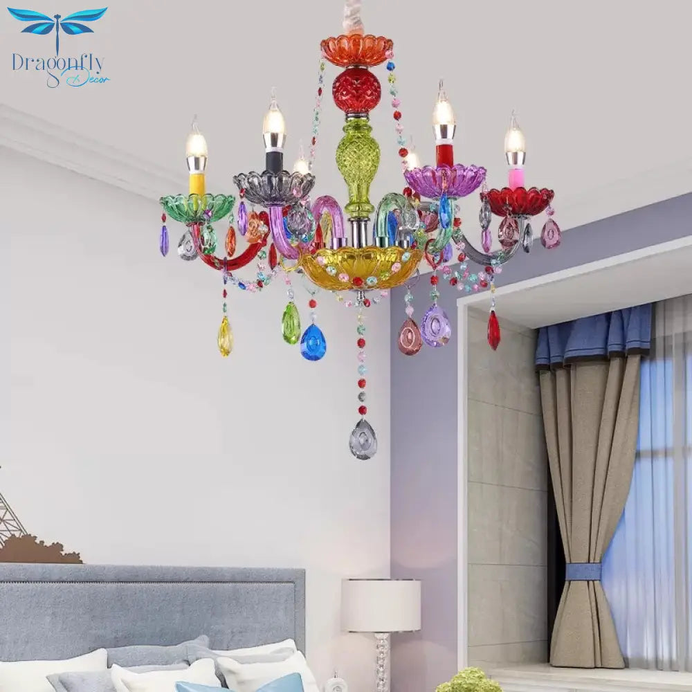 Multi - Colored Glass Chandelier With Teardrop Crystals For Kids Room Pendant Lighting