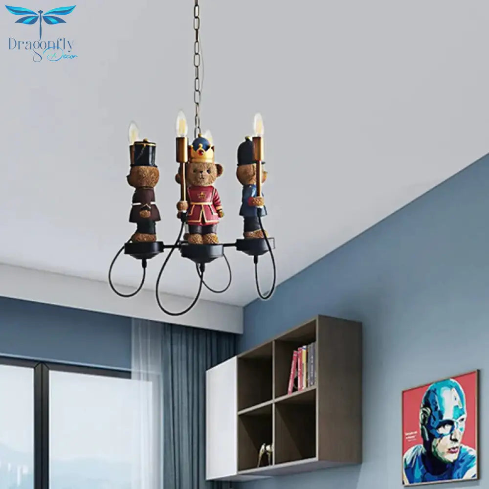 Multi - Colored Toy Bear Chandelier 4 Lights Kids Metal Hanging Lamp For Child Bedroom Black