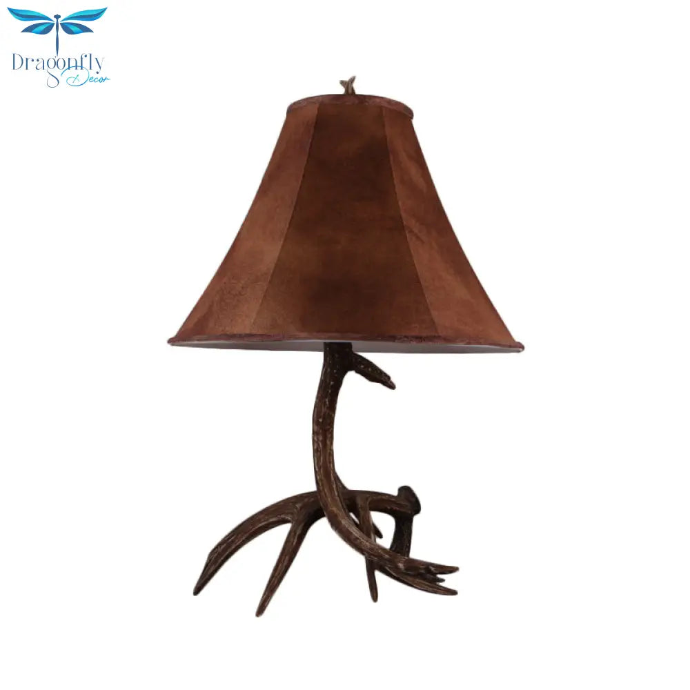 Nadia - Rustic Brown Wide Flared Night Lamp Farmhouse Fabric 1 Head Bedroom Table Light With Antler