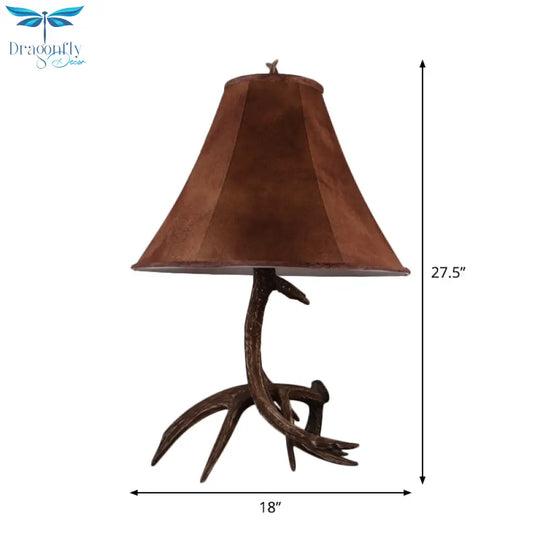 Nadia - Rustic Brown Wide Flared Night Lamp Farmhouse Fabric 1 Head Bedroom Table Light With Antler