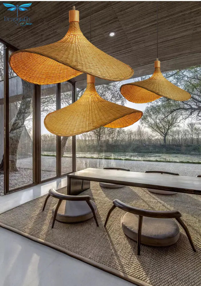 Naos - Beige Straw Hat Hanging Lamp: Asian 1 - Light Rattan Pendant Light