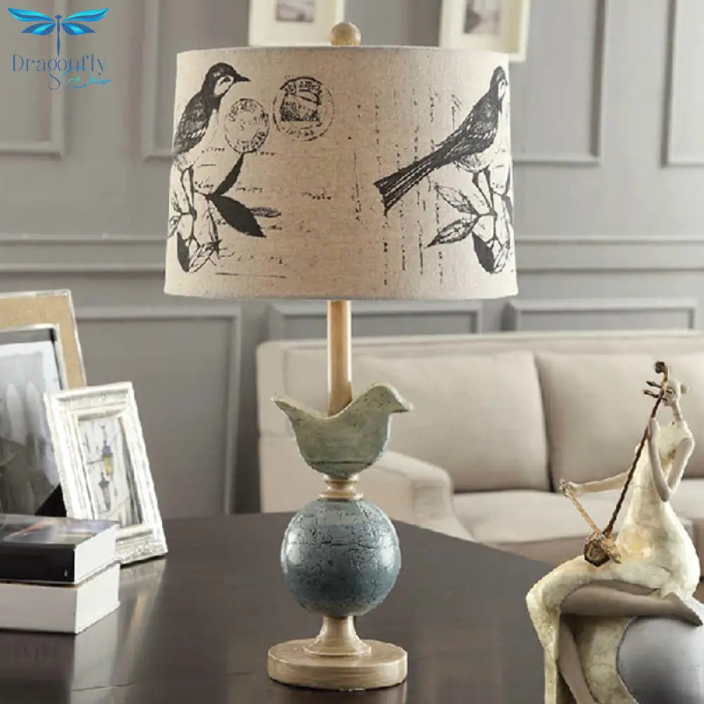 Naos - Bird And Globe Base Beige Drum Table Lamp