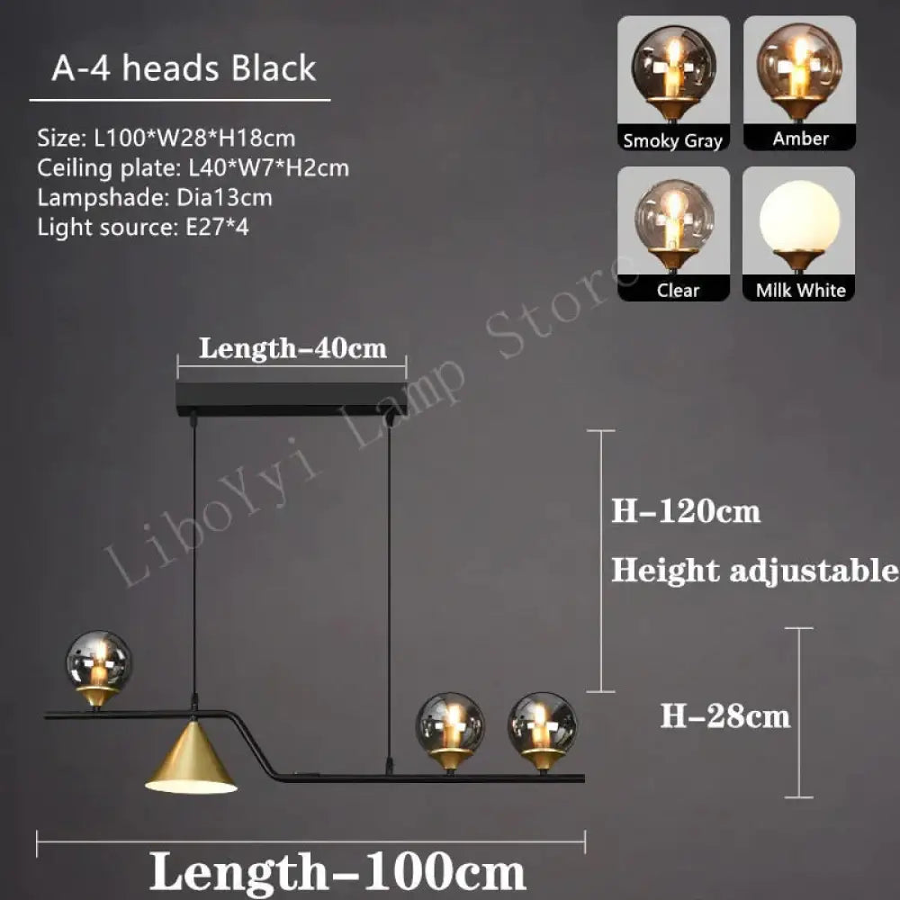 Nevaeh - Nordic Style Black Glass Bulb Led Pendant Light 4 Heads / Smoky Gray Warm Light No Remote