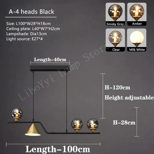Nevaeh - Nordic Style Black Glass Bulb Led Pendant Light 4 Heads / Smoky Gray Warm Light No Remote