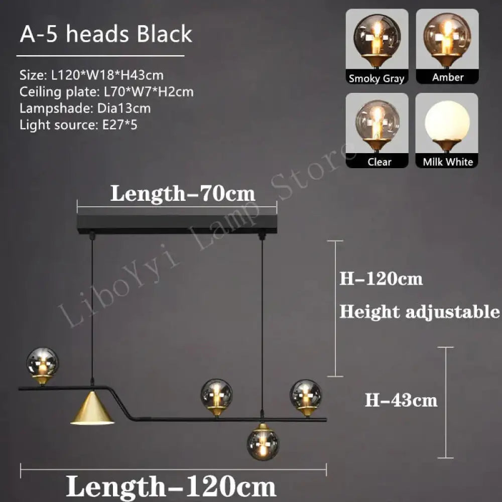 Nevaeh - Nordic Style Black Glass Bulb Led Pendant Light 5 Heads / Smoky Gray Warm Light No Remote