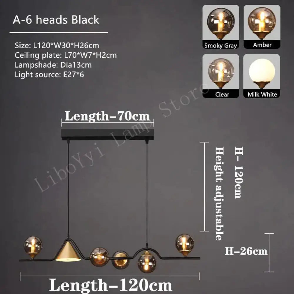 Nevaeh - Nordic Style Black Glass Bulb Led Pendant Light 6 Heads / Smoky Gray Warm Light No Remote